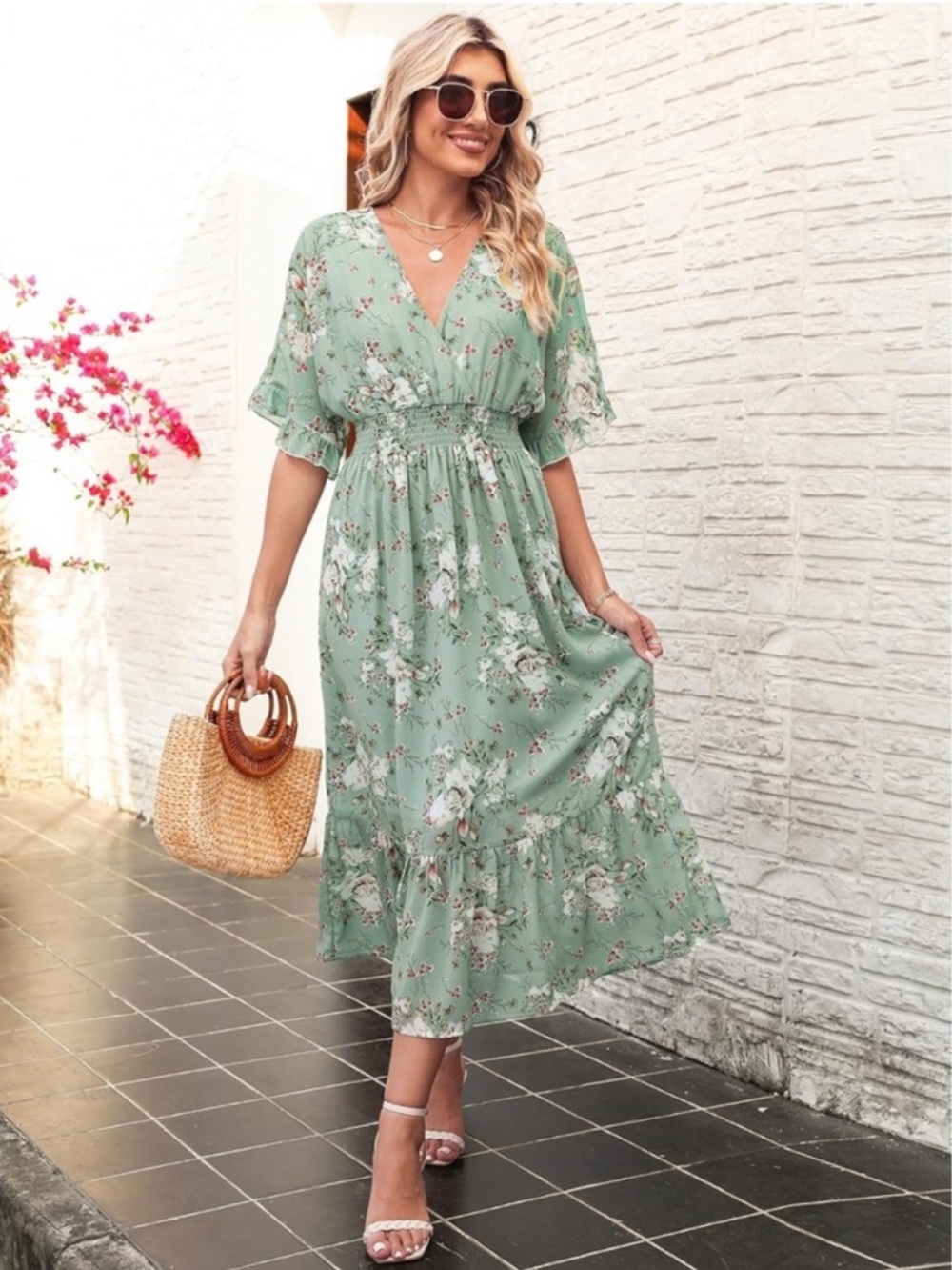 Green Floral Midi Dress (S) - V-Neck Ruffle Sleeve 🎁😍